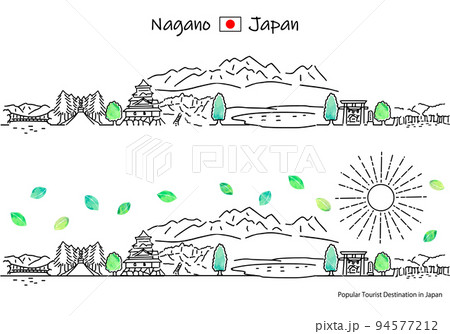 夏の長野県の観光地の街並みのシンプル線画セット（千畳敷カール） 94577212