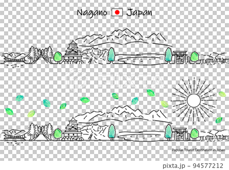 夏の長野県の観光地の街並みのシンプル線画セット（千畳敷カール） 94577212