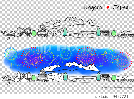 長野県の観光地の街並みと花火のシンプル線画セット（千畳敷カール） 94577213