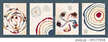 Volunteer multicultural people group concept. Editable set template poster banner leaflet web page. People of diverse culture in circle top view. NGO. Aid. Help and assistance. Workgroup 94577648