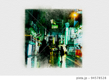 雨のネオン街、雨模様の夜の街、夜のネオン街、雨の降る繁華街,イルミネーションが美しい光の街 94578528
