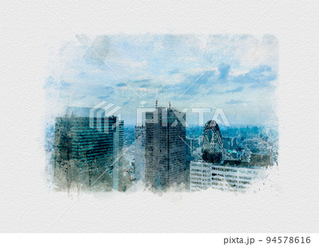 水彩画で描かれた高層ビル,東京のオフィスビル群の挿絵,高層ビルの日本画 水彩画で描かれた高層ビル,東京のオフィスビル群の挿絵,高層ビルの日本画 94578616