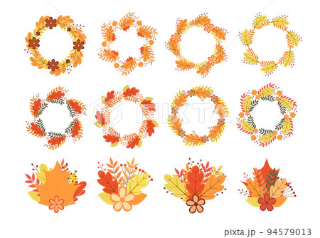 Set of wreaths and bunches of colorful autumn leaves and flowers. Fall round frames. Thanksgiving day decorations. Vector elements for your design projects 94579013