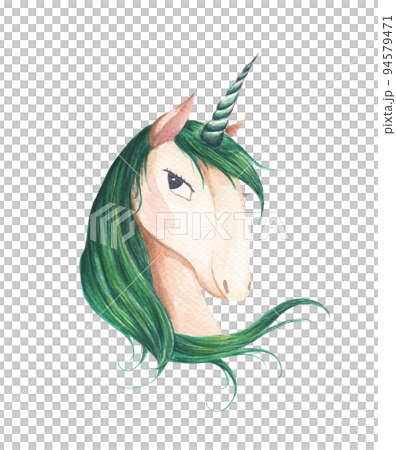 Unicorn head for children design. Cute fantasy animal. Watercolor illustration. Unicorn head for children design. Cute fantasy animal. Watercolor illustration. 94579471