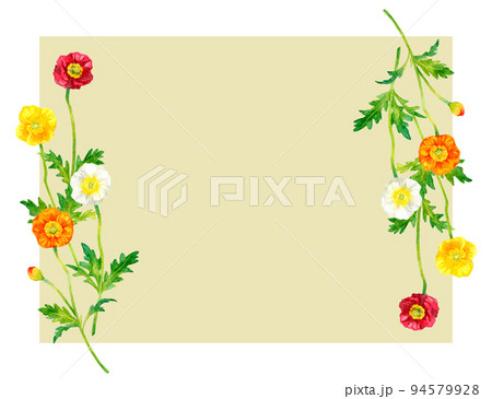 ポピー（ヒナゲシ）のおしゃれなフレーム　春の花の手描き水彩イラスト背景素材 94579928