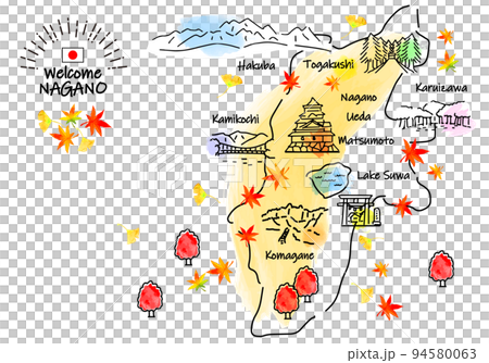 Simple line drawing illustration map of sightseeing spots in Nagano Prefecture in autumn 94580063