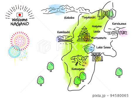 長野県の観光地のシンプル線画イラストマップ 94580065