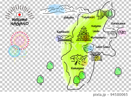 長野県の観光地のシンプル線画イラストマップ 94580065