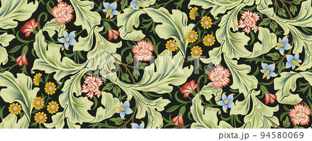 Floral seamless pattern with flowers and foliage on dark green background. Vector illustration. 94580069