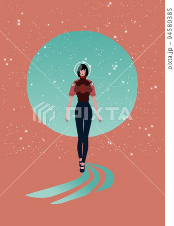 Space fashion catwalk promenade, futuristic fashion illustration, woman in cyberpank futuristic robot style suit walking at podium against planet and stars, retro color palette 94580385
