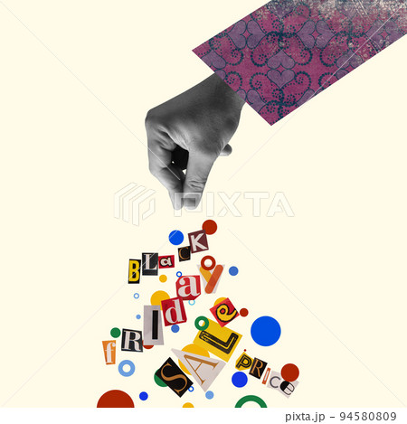 Contemporary art collage, modern design. Aesthetic of hands. Trendy pastel colors. Copyspace for your ad or text. Surreal conceptual poster. 94580809