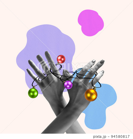 Female hands holding Christmas garland on light background, artwork. Concept of holidays, New Year, symbolism, surrealism. 94580817