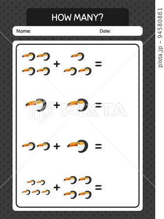 How many counting game with toucan. worksheet for preschool kids, kids activity sheet 94580861