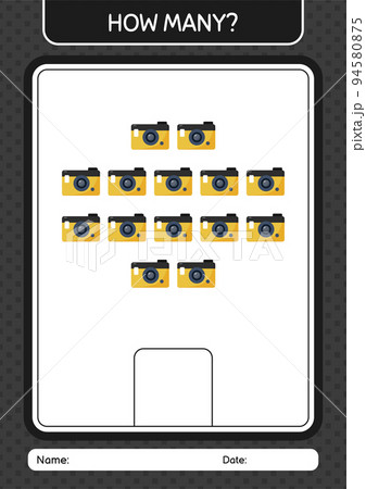 How many counting game with camera. worksheet for preschool kids, kids activity sheet 94580875