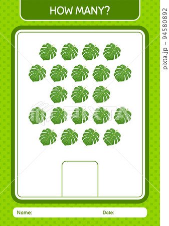 How many counting game with monstera leaf. worksheet for preschool kids, kids activity sheet 94580892