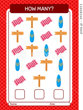 How many counting game with summer icon. worksheet for preschool kids, kids activity sheet 94580953