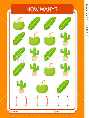 How many counting game with summer icon. worksheet for preschool kids, kids activity sheet 94580954