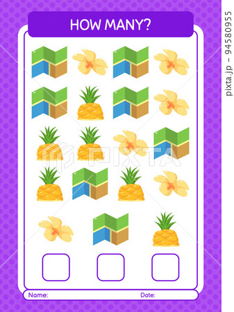 How many counting game with summer icon. worksheet for preschool kids, kids activity sheet 94580955