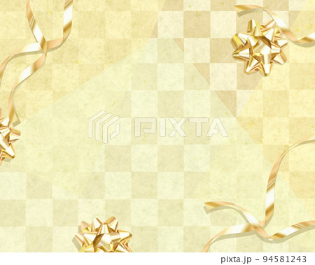 和柄の市松柄背景ーオシャレで豪華なプラチナゴールドリボンのフレームイラスト和紙背景素材 94581243