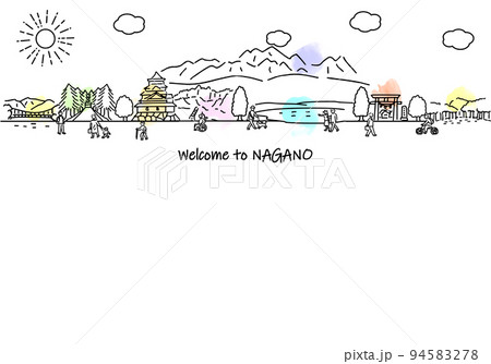 長野県の観光地の街並みと人々のシンプル線画イラスト	 94583278