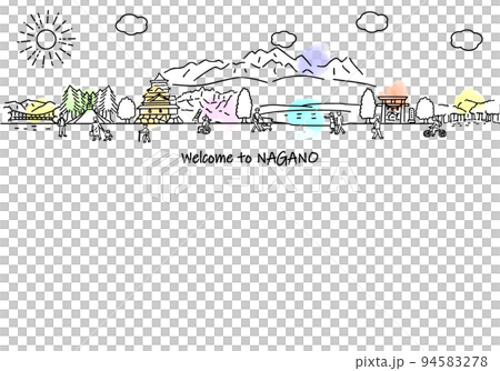 長野県の観光地の街並みと人々のシンプル線画イラスト	 94583278