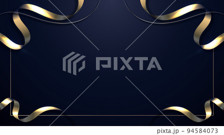 Abstract 3D elegant golden ribbon wave curved lines with gold frame and lighting effect on dark blue background 94584073
