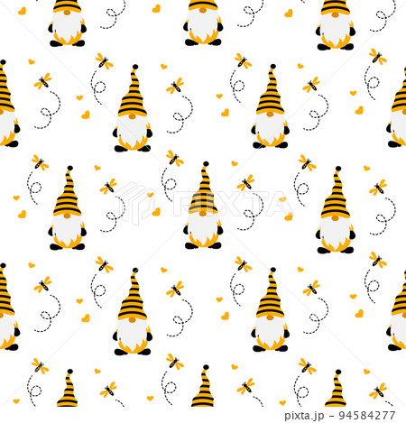 Cute garden gnomes and bees on white background. Seamless pattern with honey bees for fabric, wrap paper or kids apparel 94584277