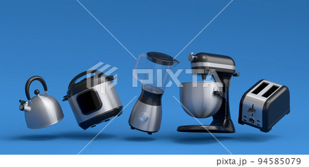 Electric kitchen appliances and utensils for making breakfast on blue Electric kitchen appliances and utensils for making breakfast on blue 94585079