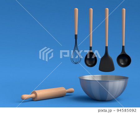 Metal bowl with kitchen utensil for preparation of dough on blue background. 94585092