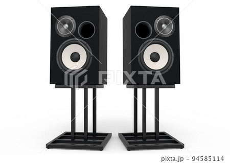 Hi-fi speakers with loudspeakers on stand on white background. 94585114