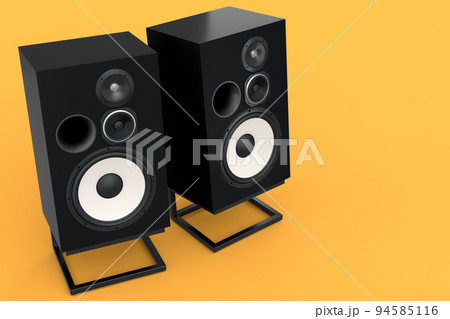 Hi-fi speakers with loudspeakers on stand on yellow background. Hi-fi speakers with loudspeakers on stand on yellow background. 94585116