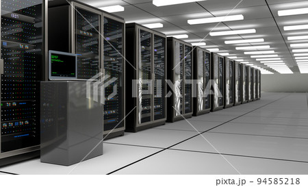 Server room. Server data center. Backup, mining, hosting, mainframe, farm and computer rack with storage information. 3d rendering 94585218