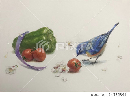 鳥とピーマンとミニトマトと花の静物画 94586341