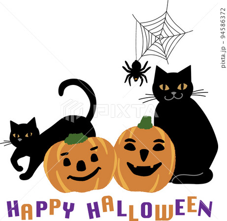 ハロウィン　カボチャ親子と黒猫とクモ 94586372