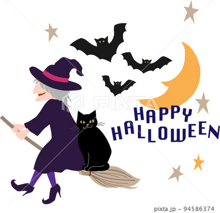 ハロウィン　黒猫を乗せて空を飛ぶ魔女 94586374