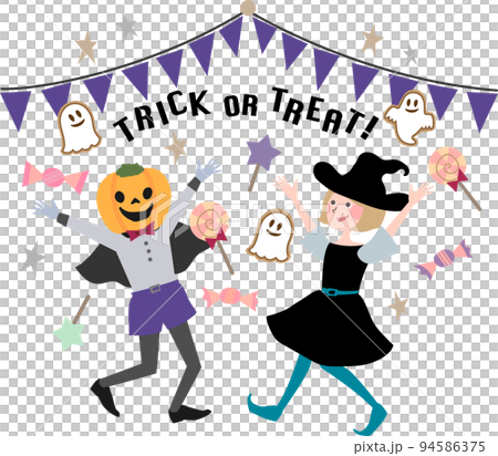 孩子們很高興在萬聖節化妝舞會上收到糖果 孩子們很高興在萬聖節化妝舞會上收到糖果 94586375