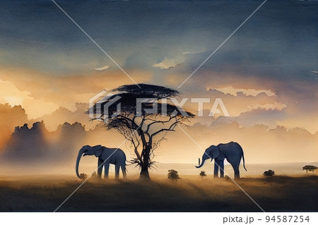 Watercolor Painting Wild Firaffe and Elephant with Watercolor Painting Wild Firaffe and Elephant with 94587254