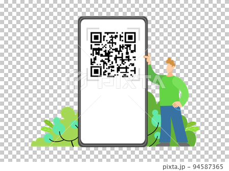 Character holding smartphone with qr code on screen- sanitary pass concept 94587365