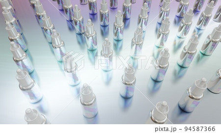 Set of dropper bottles with pearlescent labels, concept of medical and beauty procedures, wide angle 3D rendering 94587366