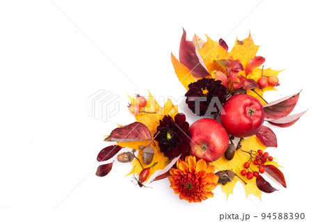 Composition of colorful fruits, berries, cones. Top view on white background. Autumn flat lay. Composition of colorful fruits, berries, cones. Top view on white background. Autumn flat lay. 94588390