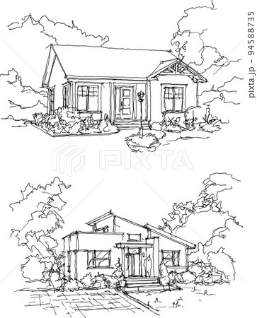 two hand drawn architectural sketches of beautiful classic detached village house with garden  and trees and roof 94588735