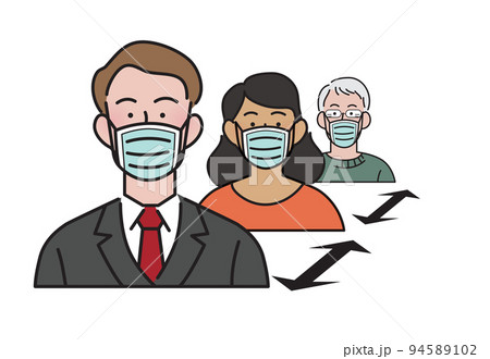 Isolated flat vector for covid preventive measures. Physical or social distancing group of persons wearing surgical masks with a distance arrow between them.Keep your distance icon, keeping distance.  94589102