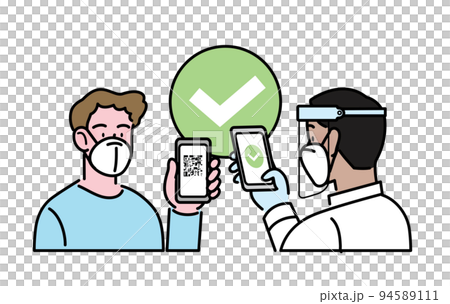 Digital sanitary covid pass check- Man wearing FFP2 KN95 mask showing smartphone screen 94589111