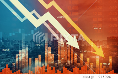 Declining graphs and digital indicators overlap modernistic city background. Declining graphs and digital indicators overlap modernistic city background. 94590611