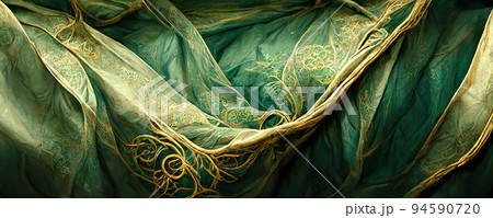 Spectacular and luxurious green and golden fabric. Digital art 3D illustration. 94590720