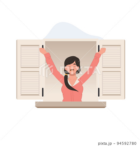 woman standing and open the window in the morning. wakes up in the morning. Vector illustration. 94592780