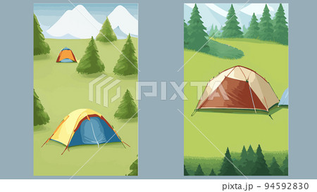 Camping tent near green forest and mountains. Summer or spring landscape. Cartoon tourist camp with a picnic place and a tent among the forests, mountain landscape. Vector illustration in flat style 94592830