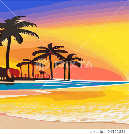 Vintage palm trees beach. Abstract background with sunny gradient. Palm trees silhouettes Cartoon flat panoramic landscape, sunset with palm trees colored background Summer vacation. Sunrise or sunset Vintage palm trees beach. Abstract background with sunny gradient. Palm trees silhouettes Cartoon flat panoramic landscape, sunset with palm trees colored background Summer vacation. Sunrise or sunset 94592831
