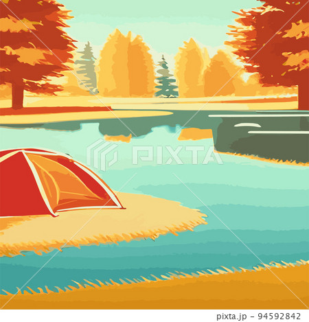 autumn camp outdoors by the lake with tent vintage vector. Campground poster, mountain, river, illustration. Relaxation lifestyle. Nature illustration landscape, sun, sky scene. Relaxation 94592842