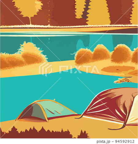 autumn camp outdoors by the lake with tent vintage vector. Campground poster, mountain, river, illustration. Relaxation lifestyle. Nature illustration landscape, sun, sky scene. Relaxation 94592912